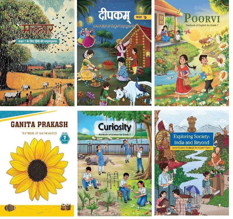 NCERT Class 7 Textbook For Hindi, Sanskrit, English, Mathematics, Science & Social Science (Malhar. Deepakam, Poorvi, Ganita Prakash, Curiosity &