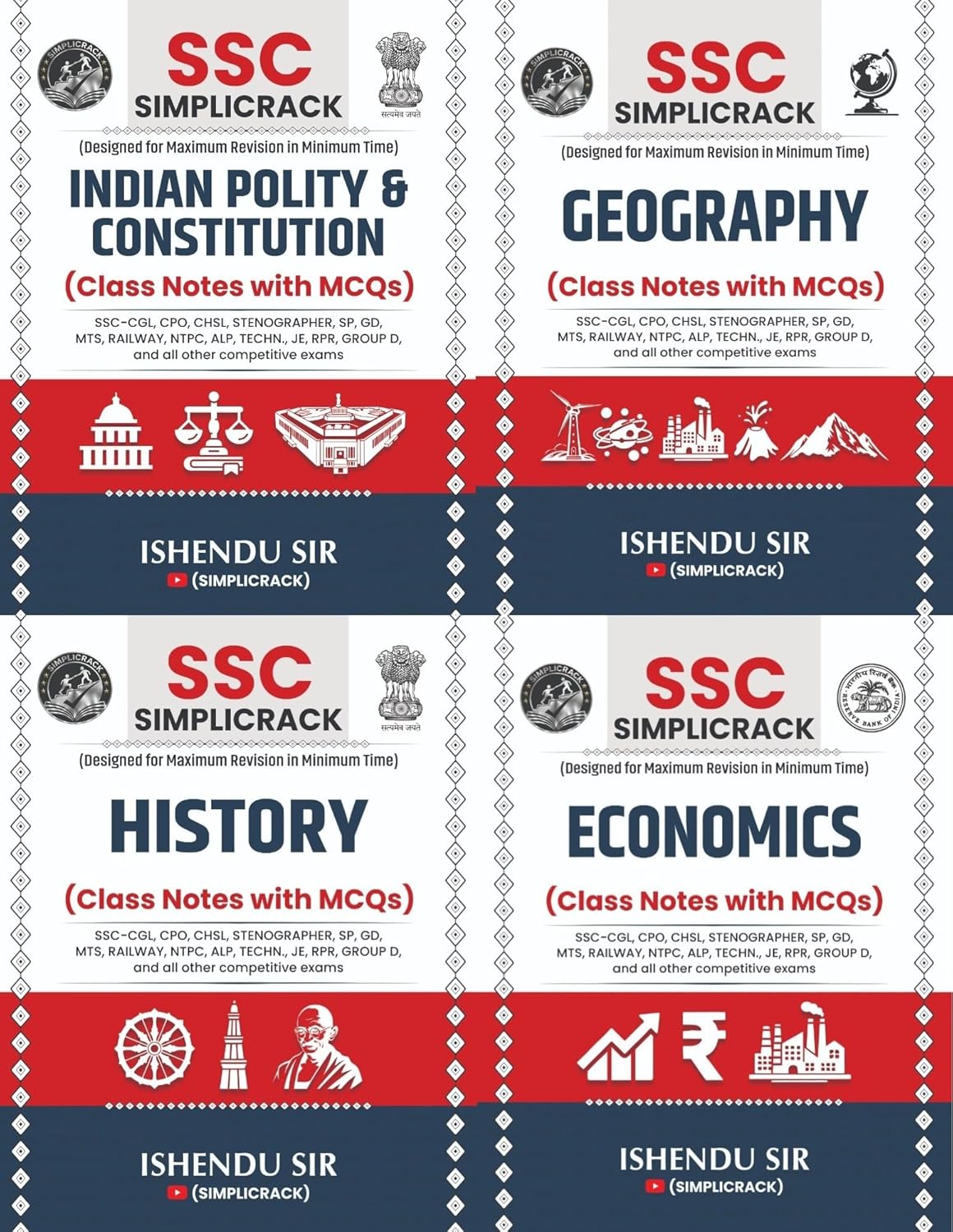 SSC Simplicrack GS Combo (Set of 4 Books) History, Geography, Polity & Economics | Class Notes with MCQs by Ishendu Sir | For SSC CGL, CHSL, MTS & Railway
