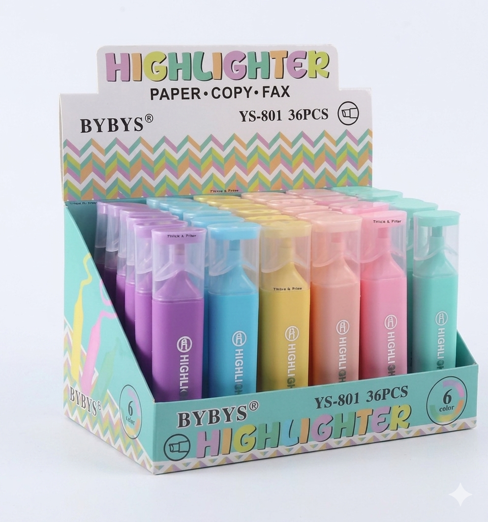 BYBYS Pastel Highlighter Set YS-801 (36 Pcs, 6 Colors) | Book Haat