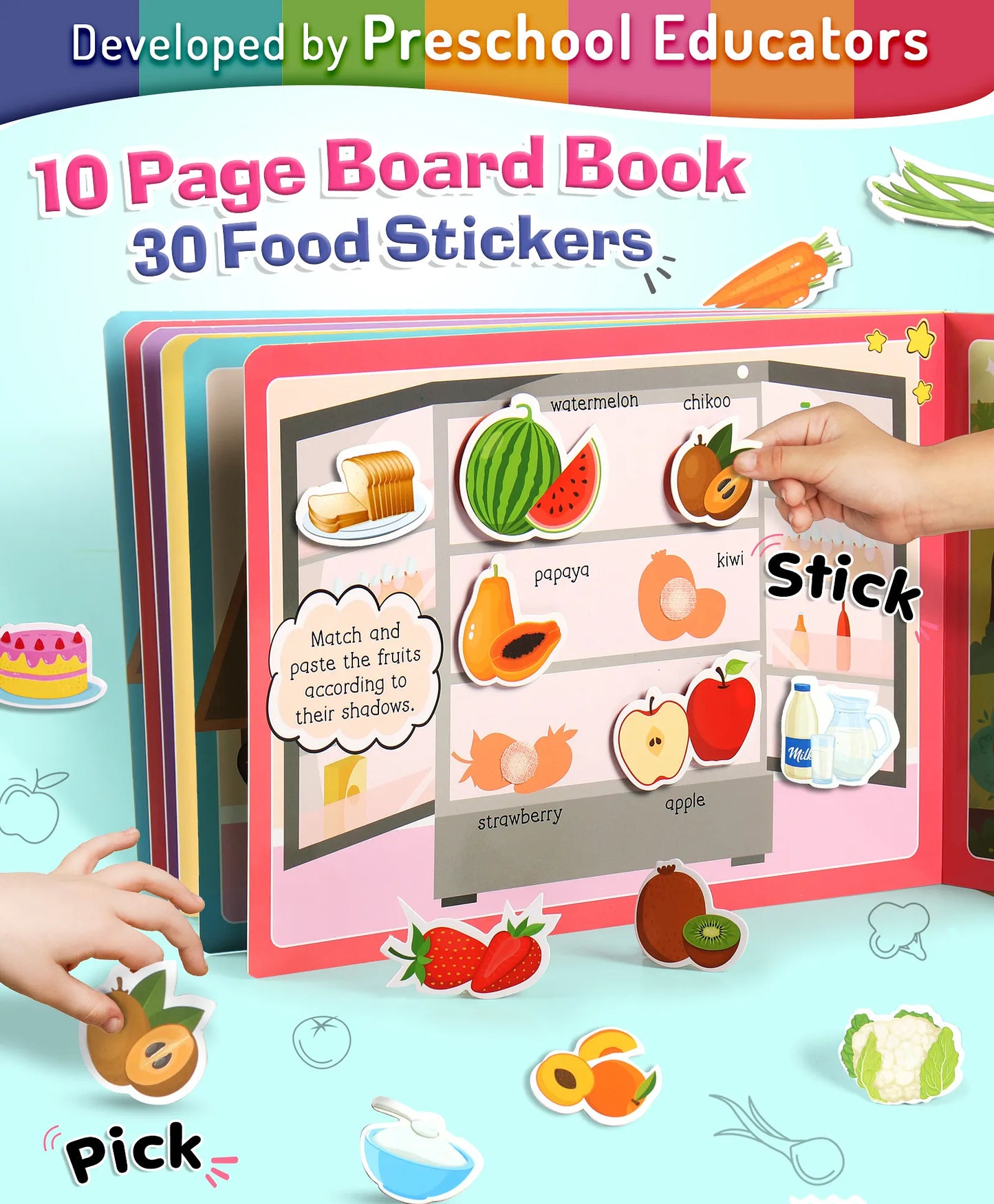 Intelliskills Pick N' Stick Food Premium Activity Board Book with Reusable Velcro Stickers| Fruits, Vegetables, Bakery & Dairy | 30 Sti - Girls & Boys