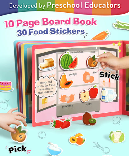 Intelliskills Pick N' Stick Food Premium Activity Board Book with Reusable Velcro Stickers| Fruits, Vegetables, Bakery & Dairy | 30 Sti - Girls & Boys