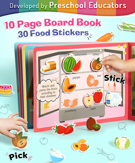 Intelliskills Pick N' Stick Food Premium Activity Board Book with Reusable Velcro Stickers| Fruits, Vegetables, Bakery & Dairy | 30 Sti - Girls & Boys