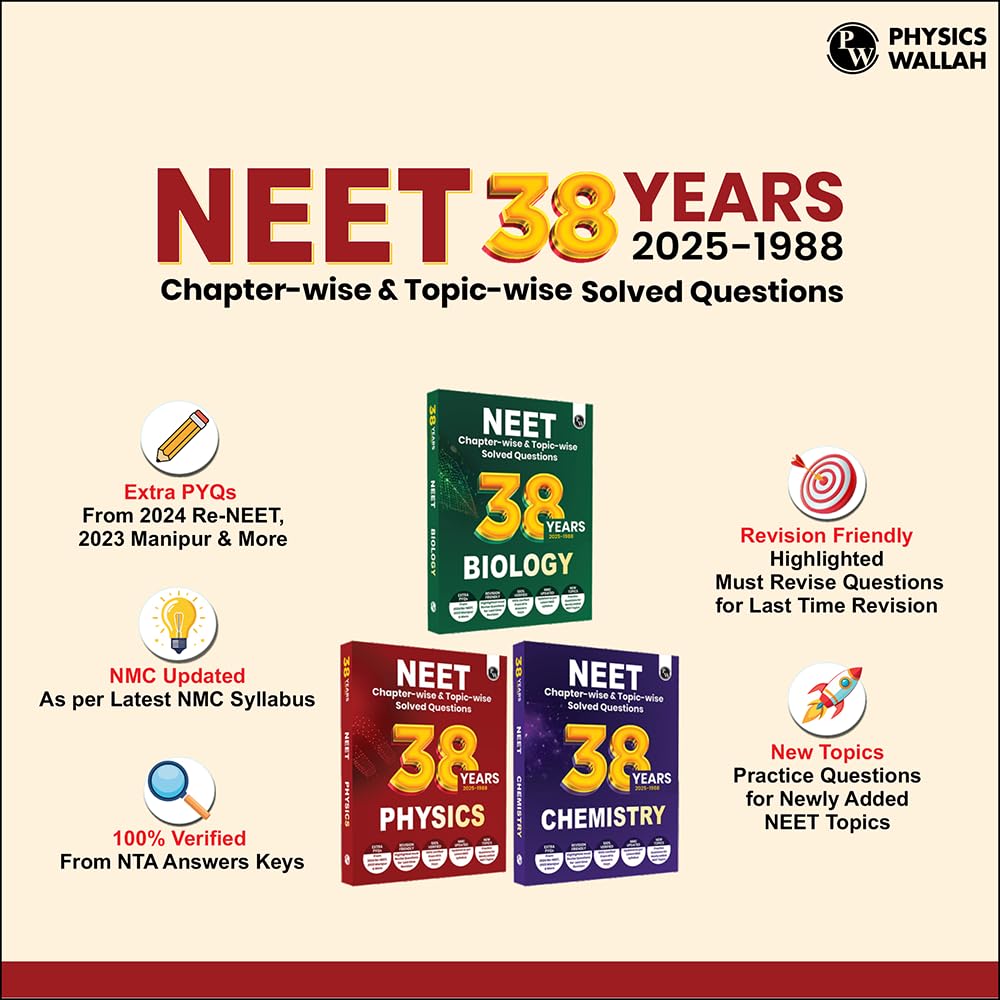 Pw 38 Neet Previous Year Solved Papers Pyqs Phy, Chem, Bio Combo For 2026 Exam