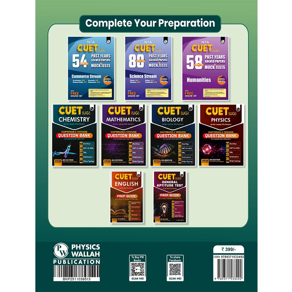 PW CUET UG Entrance Exam Books 2026 –GT & English Language | 40 Past Years Solved Papers (2025–2022) | 2200+ MCQs Question Bank | CUET UG Previous Year Papers | Mock Tests | Latest NTA Pattern