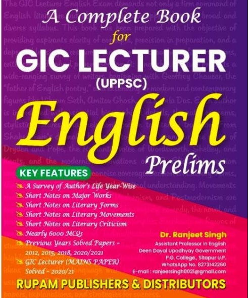 A Complete Book for English GIC Lecturer (UPPSC) Prelims and Mains Unknown Binding – 2026 by Dr. Ranjeet Singh (Author)