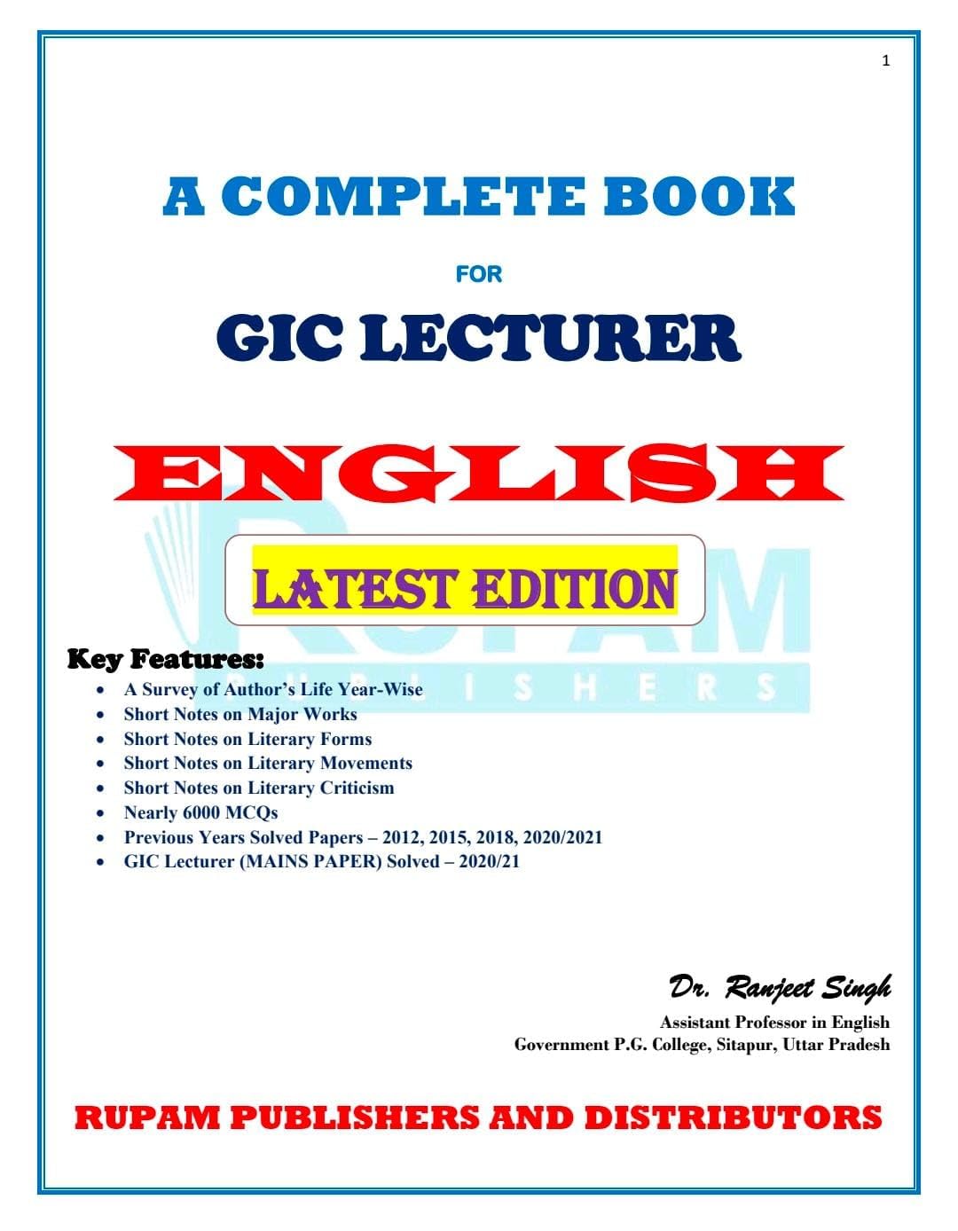 A Complete Book for English GIC Lecturer (UPPSC) Prelims and Mains Unknown Binding – 2026 by Dr. Ranjeet Singh (Author)
