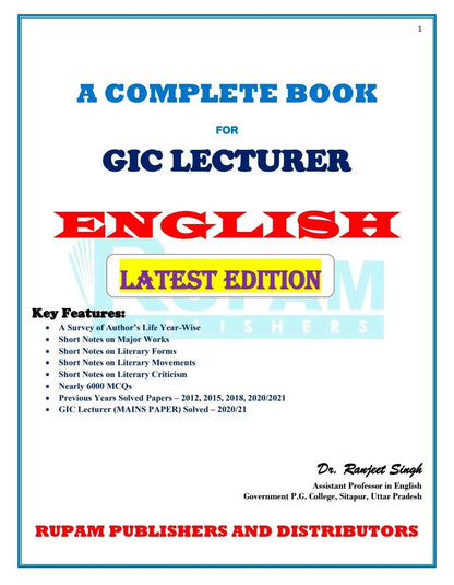 A Complete Book for English GIC Lecturer (UPPSC) Prelims and Mains Unknown Binding – 2026 by Dr. Ranjeet Singh (Author)