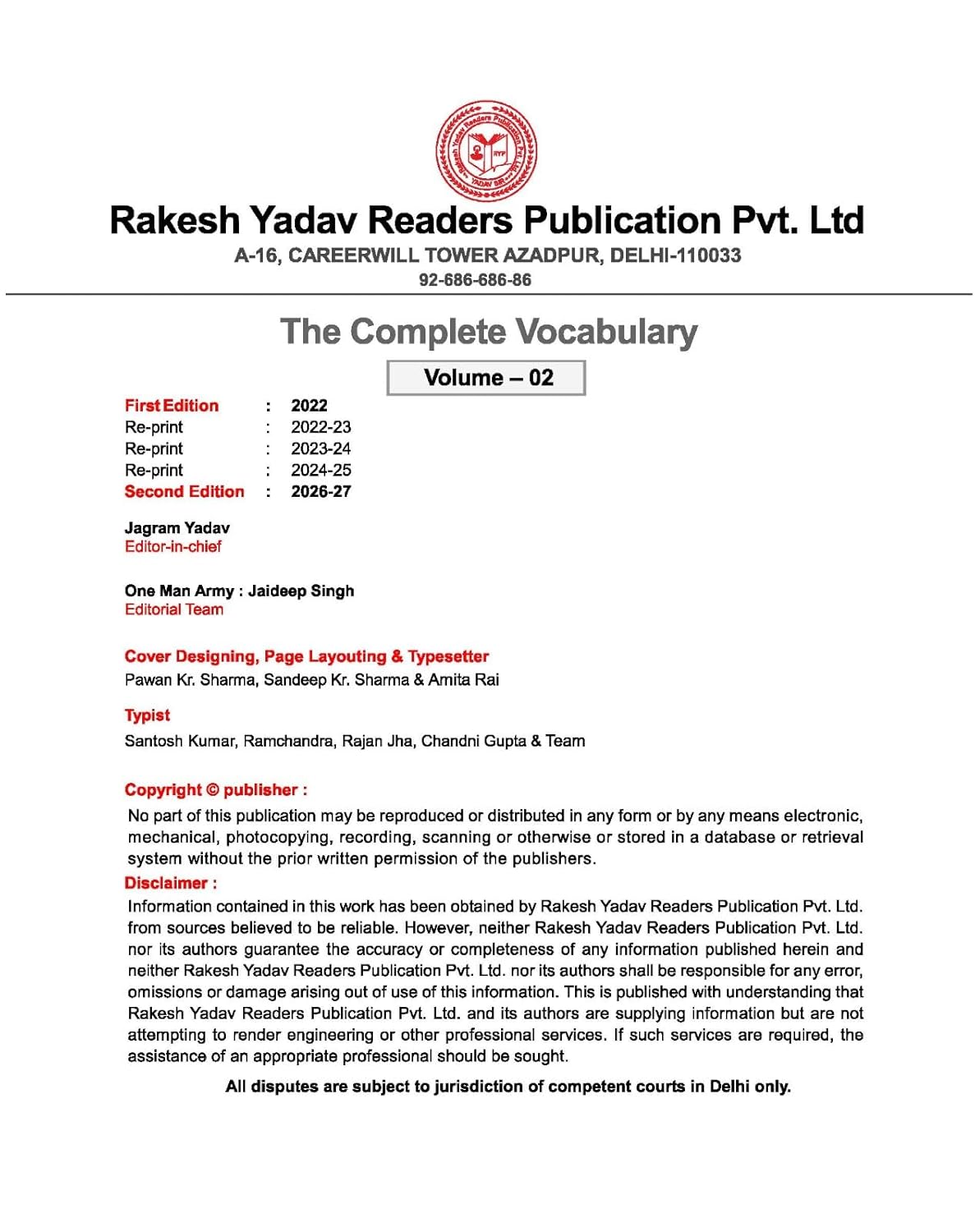 The Complete Vocabulary Volume II, Bilingual Second Edition By Jaideep Singh Book for SSC, BANK, CLAT, UPSC, and all other Competitive Exams