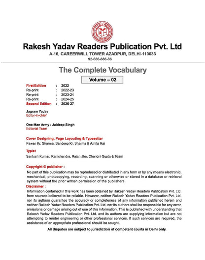 The Complete Vocabulary Volume II, Bilingual Second Edition By Jaideep Singh Book for SSC, BANK, CLAT, UPSC, and all other Competitive Exams