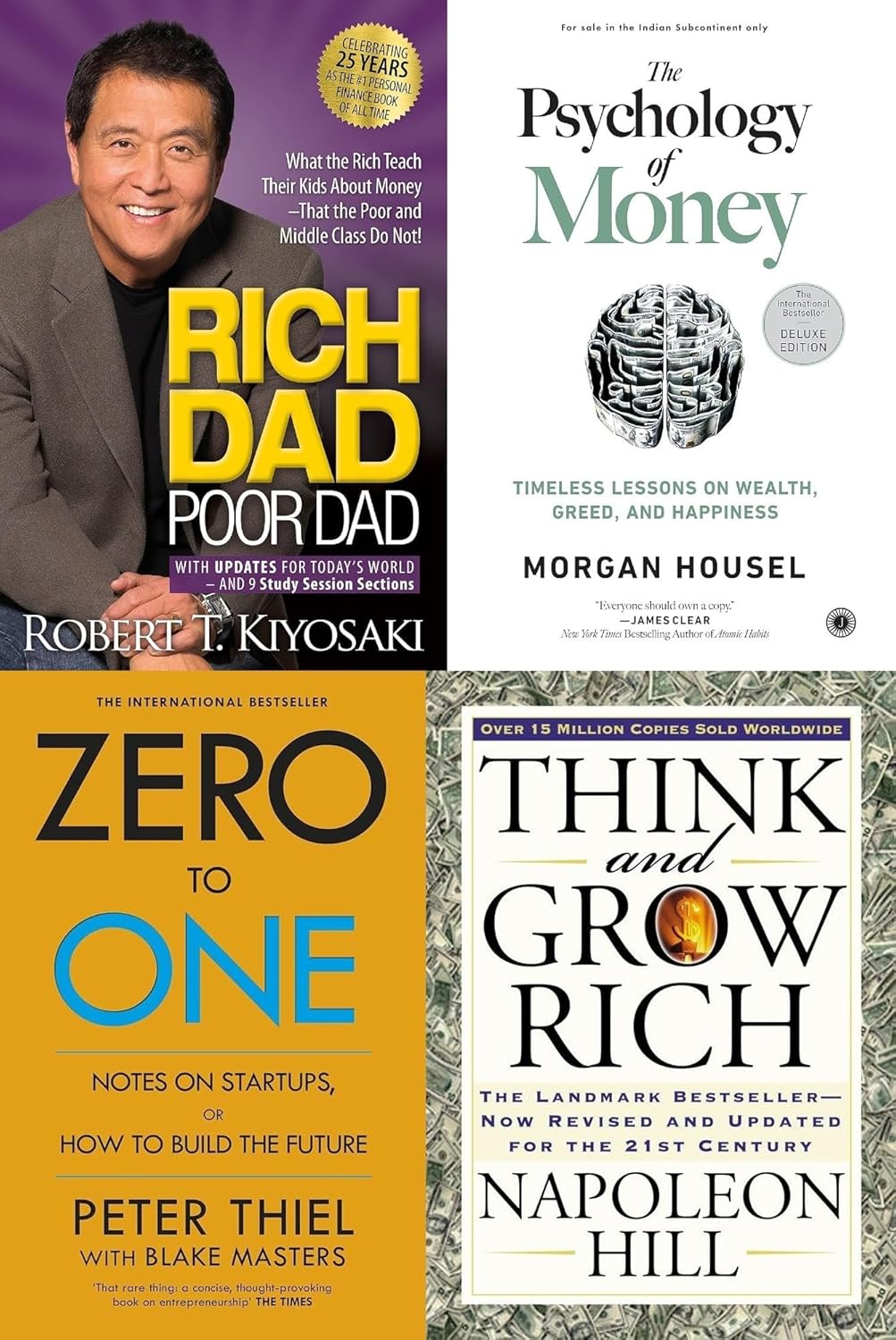 Rich Dad Poor Dad + The Psychology Of Money + Think And Grow Rich + Zero To One - Combo Of 4 Books
