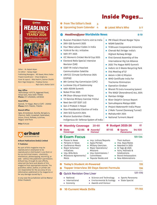 Arihant Headlines Current Affairs Yearly 2026 | 360° Review of Jan–Dec 2025 | 3000+ One-Liners & 10 Current Practice Sets | National, International, ... PSC, SSC, NDA/CDS Exams | English Medium