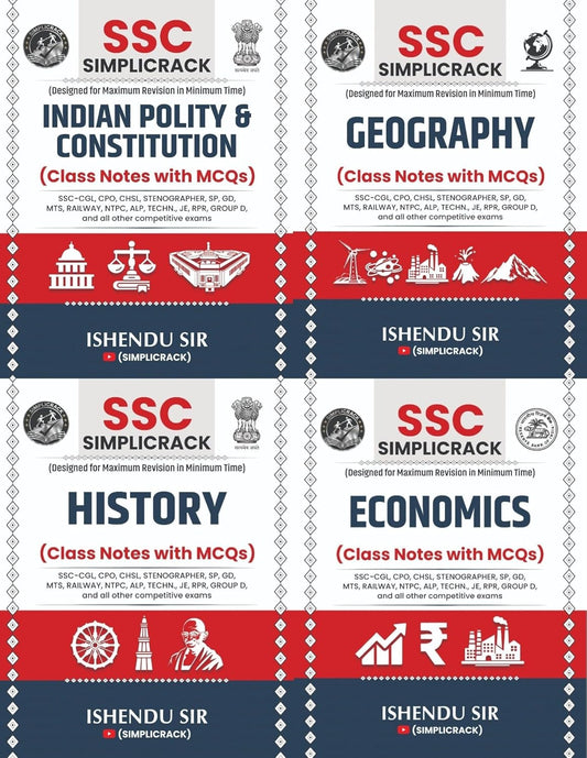 SSC Simplicrack GS Combo (Set of 4 Books) History, Geography, Polity & Economics | Class Notes with MCQs by Ishendu Sir | For SSC CGL, CHSL, MTS & Railway